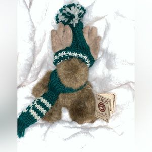 Boyds Bears Lil Chris Moose new with tags green & white scarf beanie brown
